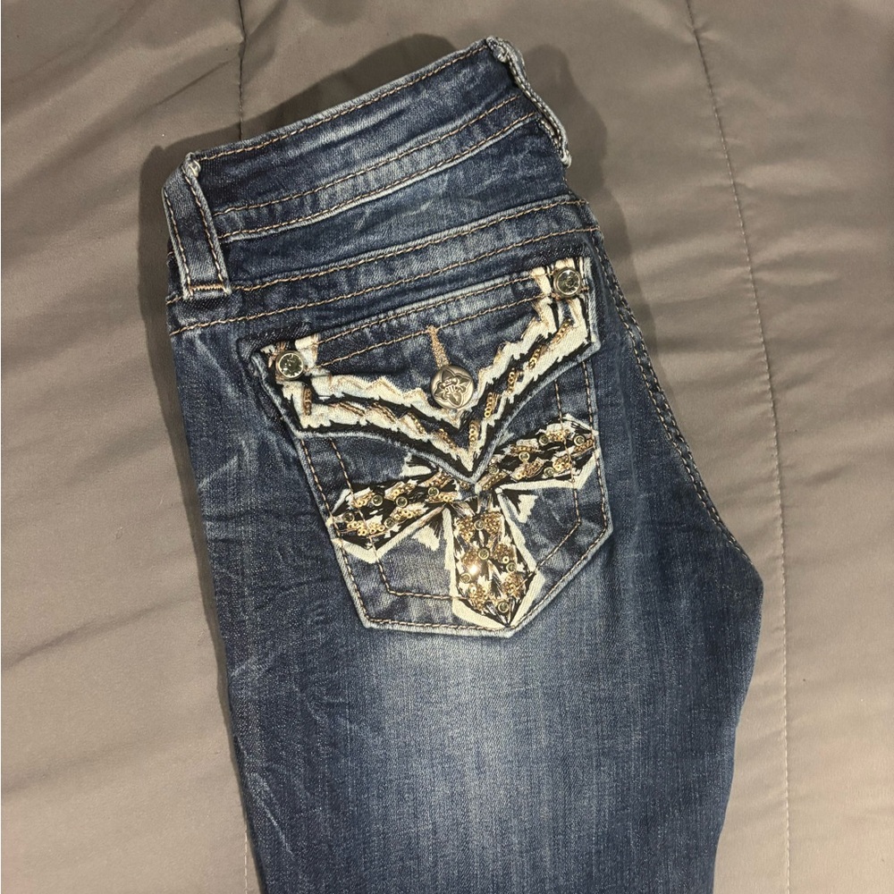 Miss Me Blue Boot Cut Jeans with Embellished Pockets